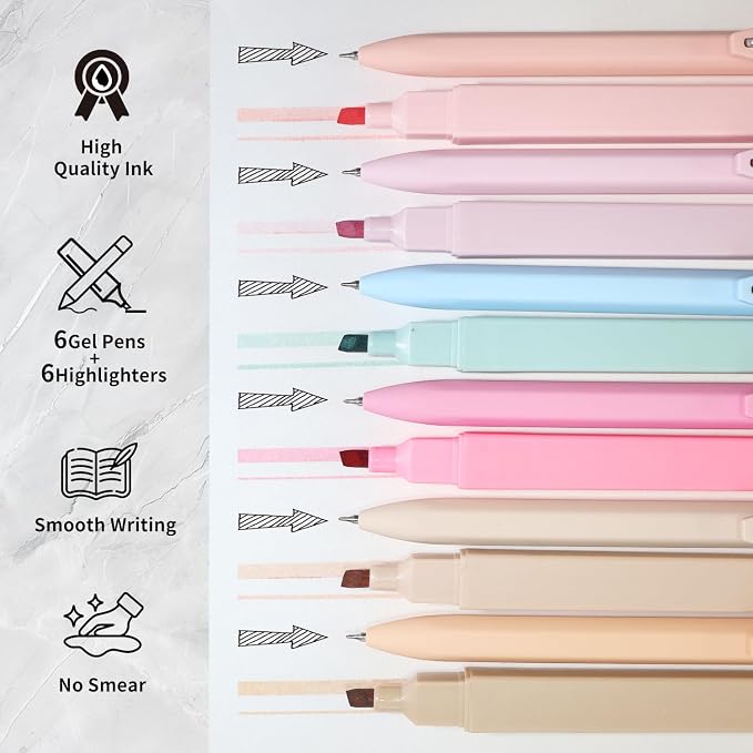 Piochoo Highlighters and Pens Set, 6pcs Cute Pastel Highlighters,6pcs 0.5mm Black Ink Gel Pens Quick Drying for Bible Studying Journaling Office School Supplies