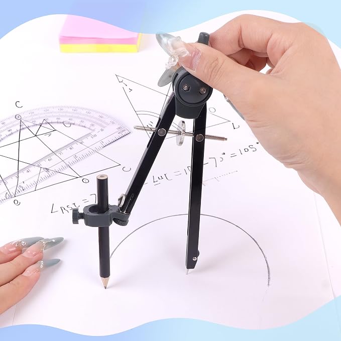UNJOO Professional Metal Compass for Geometry Set, Math Protractors (Black) | Metal Compass with Wheel and Lock for Geometry, Drawing Compass Tool, Circle Drafting Tool, and 6 Inch Protractors 180 Degree
