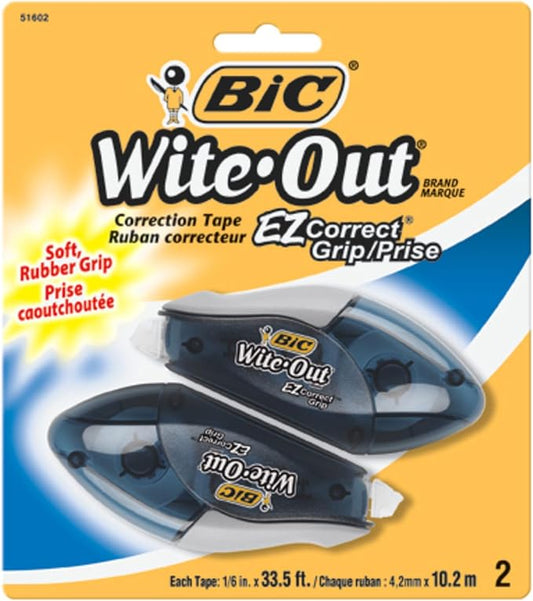 BIC Wite-Out EZ Correct Grip Correction Tape - 33.50 ft Length - 1 Line(s) - White Tape - Rubber Grip - 2 / Pack - White