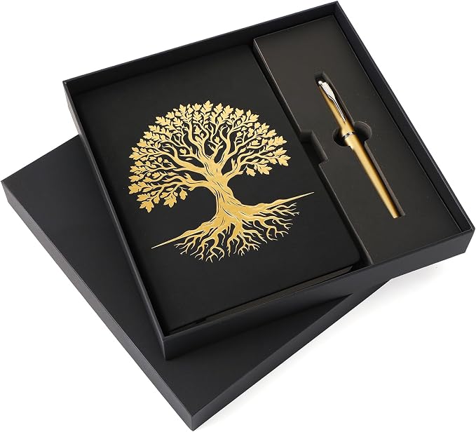 Tree of Life Journal and Pen Gift Set, Vegan Leather Journal Pen with 200 Pages, A5 Hardcover Leather Notebook with Gift Box Lined Fancy Diary Gifts for Women Men, Graduation(Black)