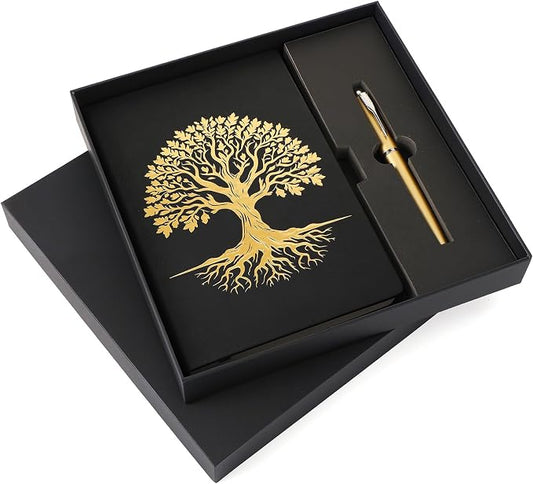 Tree of Life Journal and Pen Gift Set, Vegan Leather Journal Pen with 200 Pages, A5 Hardcover Leather Notebook with Gift Box Lined Fancy Diary Gifts for Women Men, Graduation(Black)