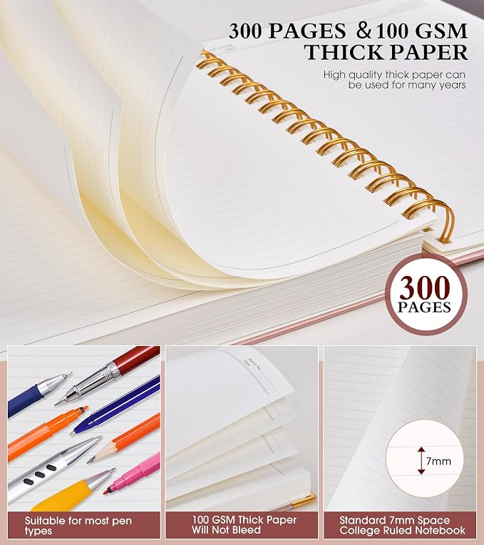 Spiral Notebook Journal 5.75” x 8.38”, 300 Pages Hardcover Leather Lined Journals for Women Men, A5 Small College Ruled Notebooks with 100 GSM Thick Paper, Spiral Journal for Writing Work School, Pink