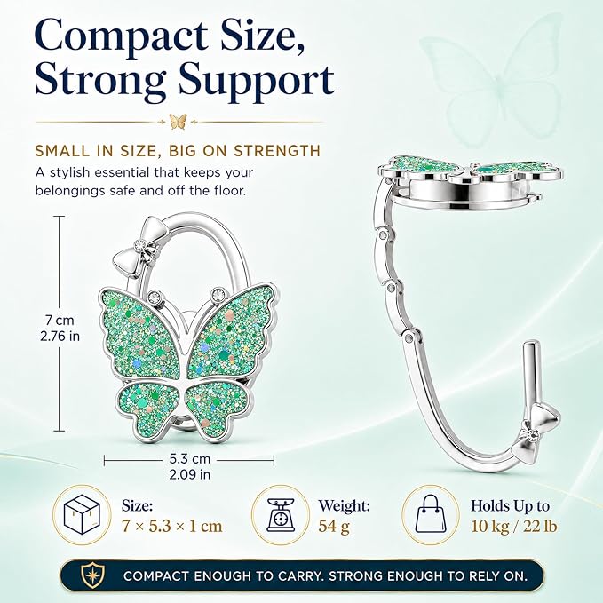 Purse Hook for Table, Foldable Handbag Hanger for Women, Portable Bag Holder with Non-Slip Base, Cute Star Green Butterfly Purse Table Hook for Restaurant Office Travel Gift