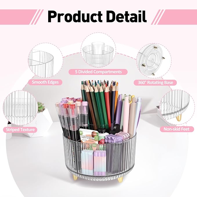 360 Rotating Pen Pencil Holder for Desk, Pen Organizer with 5 Slots, Makeup Brush Holder, Desk Organizer and Accessories, Cute Pencil Cup Caddy for Office School Home Decor Art Supply (Clear)
