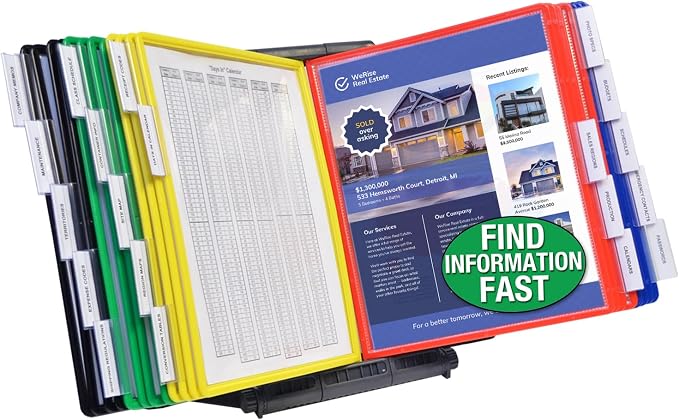 Ultimate Office AdjustaView 20-Pocket Desk Reference Organizer with Easy-Load Pockets and Compact Weighted Base for Stability (Colored Pockets)