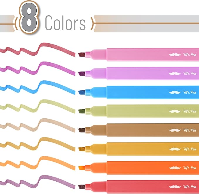 Mr. Pen- Aesthetic Highlighters No Bleed, 8 Pack, Assorted Colors | Chisel Tip, Cute Highlighters Assorted Colors for Journaling, Highlighting, Underlining, Fast Dry, Back to School Supplies