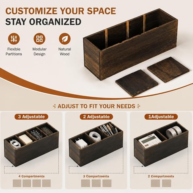 Dicunoy 2 Pack Wooden Pencil Holder for Desk, Rustic Wood Remote Control Holder Caddys, Retro Table Organizer with 4 Compartments for Art Supplies, Pen, Home, Office, School Classroom