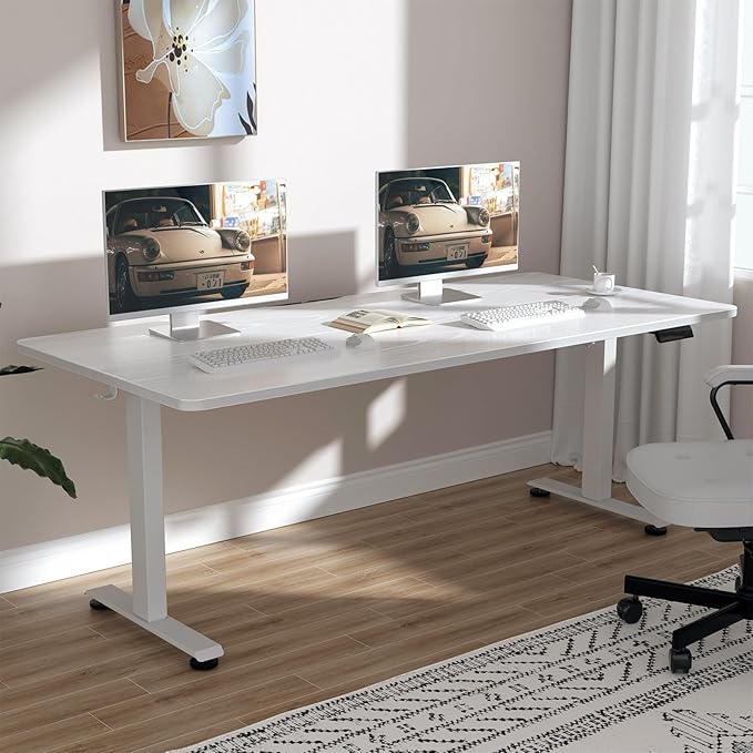 Veken 63×27.6 Inch Large Electric Standing Desk, Gaming Table, White | Height Adjustable Sit Stand Up Computer Tables for Home Office, Study , Writing, Suit students, employees and group work