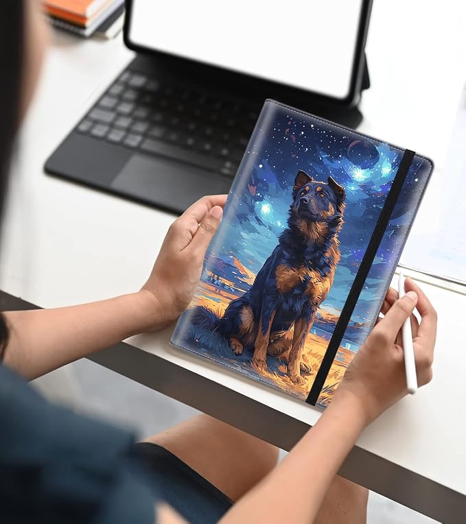 A5 Leather Lined Journal Notebook, 200 Pages Hardcover Executive Notebook for Office School Note Taking, Thick Writing Paper Daily Journal with Bookmarks/Indexes, Starry Night Dog German Shepherd