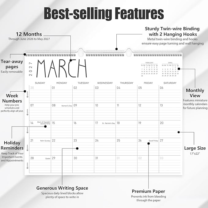 Guasslee Large Wall Calendar 2026-2027, 12 Monthly Calendar from 2026 June-May 2027 Jumbo 22"x17" Hanging Desk/Wall Planner with Spiral Bound for School Home Office Organizing