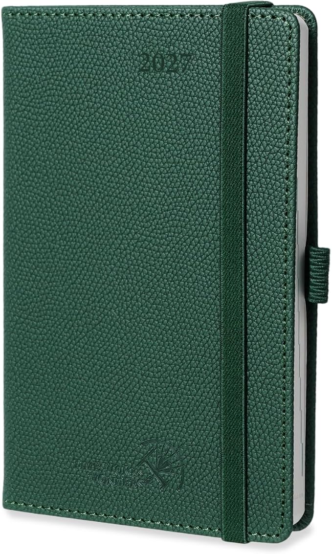 POPRUN 2027 Pocket Planner Weekly and Monthly (Purse Size-4'' x 6.25'') | Pocket Daily Calendar (Jan 2027 - Dec 2027) Appointment Book with Lined Sections, Leather Hardcover, 100GSM - Forest Green