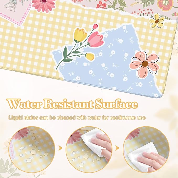 iCasso Aesthetic Checkered Desk Mat with Floral Design, XXL Mouse Pad and Keyboard Mat, Cute Flower Mousepad for Grily Desktop Decor, Office Home Laptop Accessories（Butter Yellow