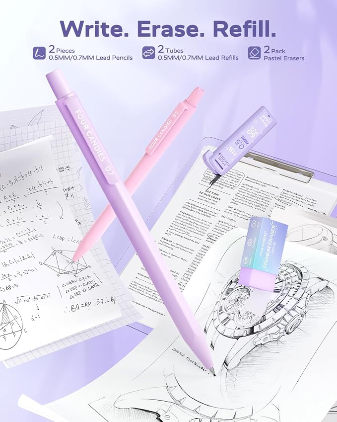Four Candies Aesthetic Purple School Supplies Kit with Case for Girls | Back to School Stationery Set with Pens, Highlighters, Mechanical Pencils, Sticky Notes for Students, College, Journaling