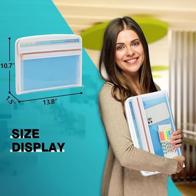 H4D 13 Pocket Expanding File Folder Organizer, Blue, 8.5-x-11-inch | Zippered, Front Clear Pouch, Letter Size Paper, A4 Paper, Fit for Documents