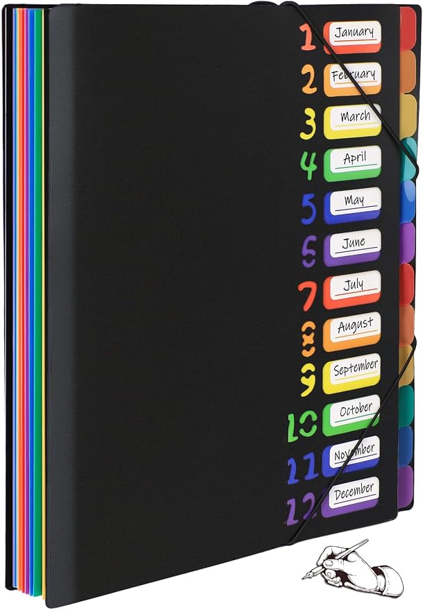 HABGP 24 Plastic Folders with Multi Pockets, 12 Colors, Office Organizer with 12 Tab Dividers, Letter Size School Supplies