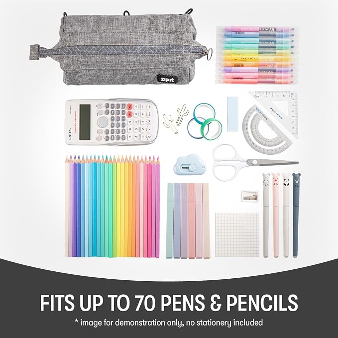 ZIPIT Lenny Pencil Case, Large Capacity Zipper Pouch for School, Stationery Bag for Teen Girls Boys and Adults, Grey