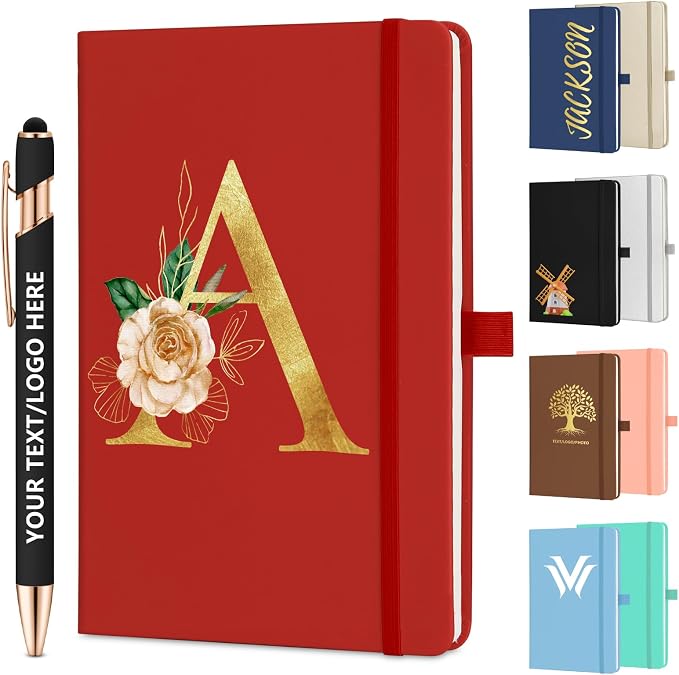 ENOMY Personalized Notebook Journal & 10 PC Pens Gift Set Custom Notebook A5 200 Pages A5 Lined Journal for Men Women Hardcover Notebooks for Work College Graduation Gifts, red