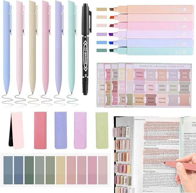 Bible Journaling Kit, Bible Study Supplies Set for Women & Men | Includes 6 No Bleed Bible Highlighters, 6 Pens, 90 Laminated Bible Tabs, Magnetic Bookmarks & Sticky Notes