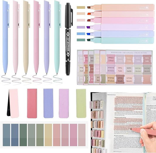 Bible Journaling Kit, Bible Study Supplies Set for Women & Men | Includes 6 No Bleed Bible Highlighters, 6 Pens, 90 Laminated Bible Tabs, Magnetic Bookmarks & Sticky Notes