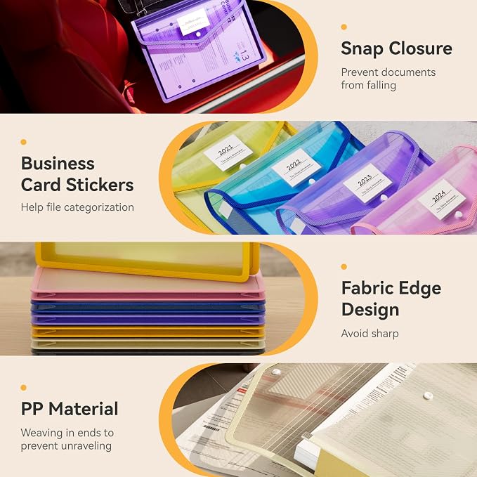 ABC life 6 Pack Plastic Expanding File Folder, Transparent Envelopes with Snap Closure, No Dividers, Large Capacity, Assorted Colors, Large Capacity, Fit Letter/A4 Size - Mutilcolor 03