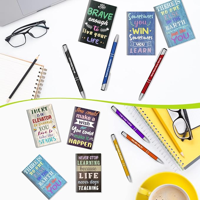 Geyee 24 Pcs Mini Motivational Pens Inspirational Notepads Bulk Appreciation Gifts Small Journals Funny Ballpoint Pen Set Prizes Men Women Office Travel Party Favors(Life)