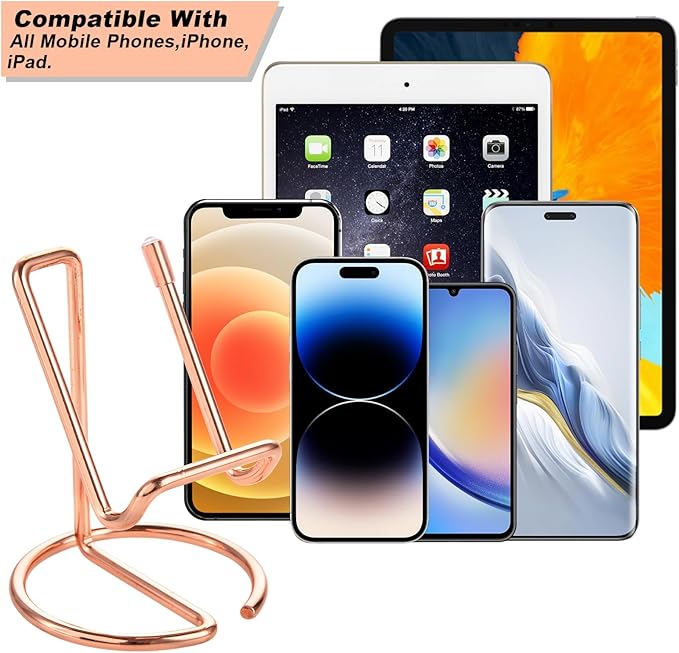ROPOSY 2 Pack Cell Phone Stand for Desk, Cute Metal Rose Gold Cell Phone Stand Holder Desk Accessories, Compatible with All Mobile Phones, iPhone, iPad