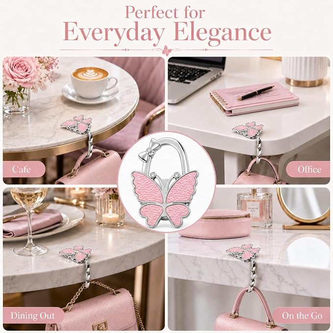 Purse Hook for Table, Foldable Handbag Hanger Holder for Women | Portable Bag Holder with Non-Slip Base, Cute Lychee Pink Butterfly Purse Table Hook for Restaurant Office Travel Gift