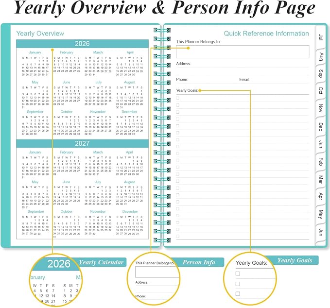 2026-2027 Planner - A5 Weekly & Monthly Planner Spiral Bound, July 2026 - June 2027, with Flexible Cover, Tabs, Inner Pocket, 6.4" x 8.5", Teal