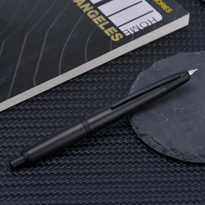 Jinhao 20 Press Fountain Pen, Matte Black Retractable Fine Nib with Ink Converter Set (Black Clip)