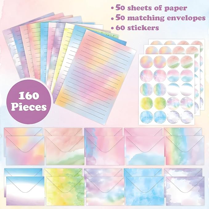 FUNCLASS 160 Pcs Stationery Set Letter and Envelopes Watercolor | 50 Lined Stationery Paper and 50 Matching Envelopes , 5.5 x 8.25 Inches Letter Writing Stationery for Home, Office, School
