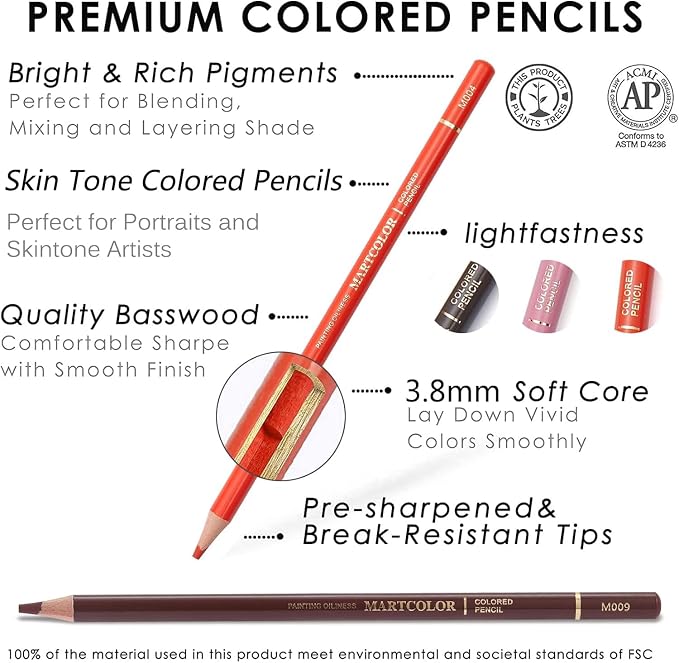 MARTCOLOR Skin Tone Colored Pencils for Portraits and Skintone, 24 Colors | Oil Color Pencils for Drawing, Sketching, Adult Coloring, Shading & Blending, Artist Pencils for Beginners, Artists
