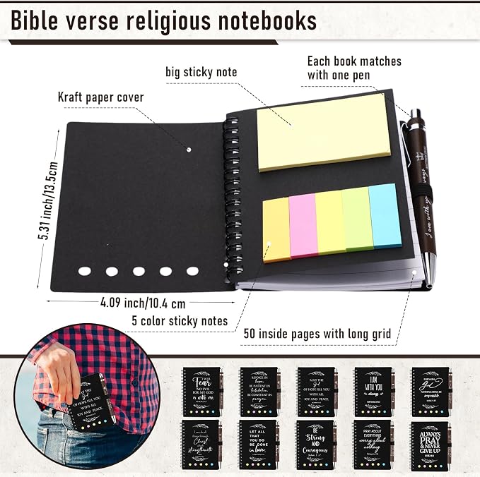Kosiz 20 Pcs/ 10 Set Christian Gift Bulk Bible Verse Bamboo Pen Spiral Bible Notebook with Notes Religious Basket Stuffers for Back to School Teacher Church Members Coworker (Black)
