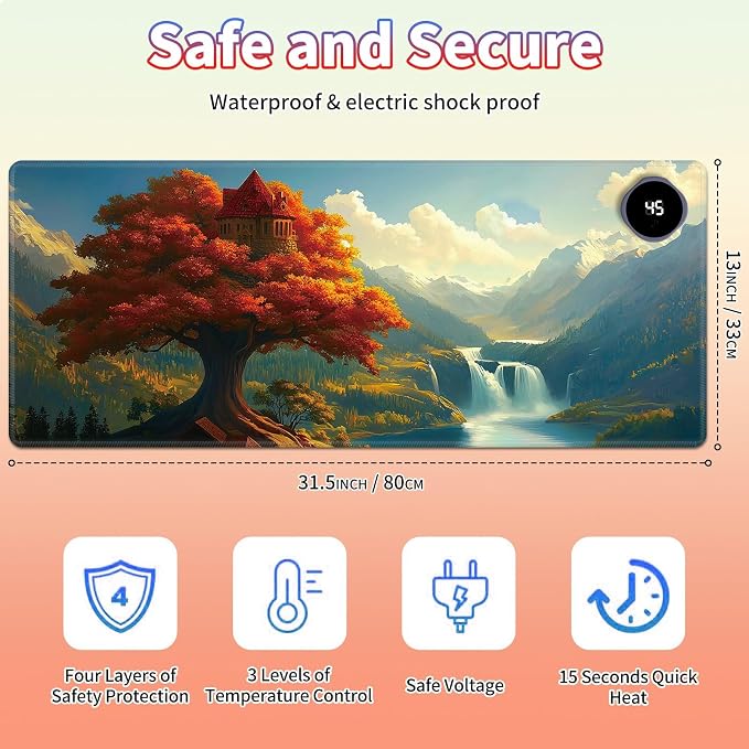 Heated Desk Pad Large Mouse Pad 31.5 x 13 inch with 3 Levels Heating & Auto Shut-Off Warm Mouse pad PU Leather Computer Mousepad for Home Office Work - Maple Leaf