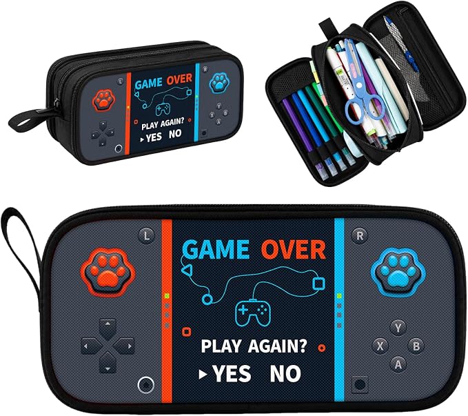 Game Controller Pencil Case for Boys Kids Teens, Large Capacity Pencil Pouch with 3 Compartments, 7 Pockets and Label Pocket for School College Office Travel (Gray)