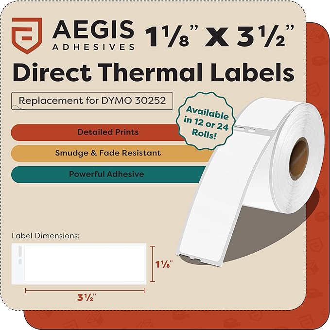 Replacement for DYMO 30252 (12 Rolls, 4200 Labels) 1 1/8" X 3 1/2" | Direct Thermal Address Labels - Compatible With LabelWriter 450, 450 Turbo, 4XL Printers (NOT 550, 5XL) - Aegis Adhesives