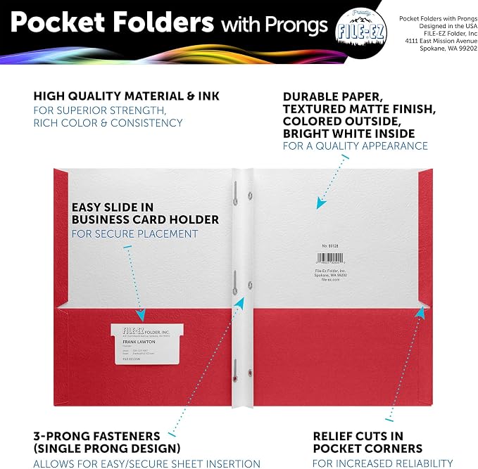 FILE-EZ Two-Pocket Folders with 3-Prong Fasteners, Red Color, 25-Pack, Durable Textured Paper, Matte Finish, Letter Sheet Size (EZ-92558)