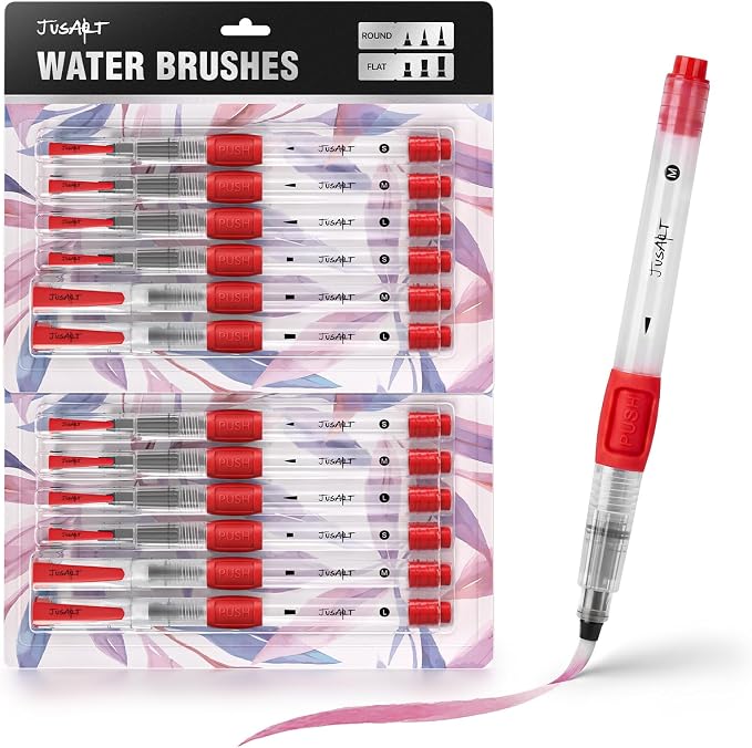 JusArt Water Brush Pens 12-Pack Leak-Proof Refillable Watercolor Pens for Acrylic and Gouache Painting - Includes Pointed & Flat Tip Styles - Portable Water Brushes for Artists, Beginners, Adults