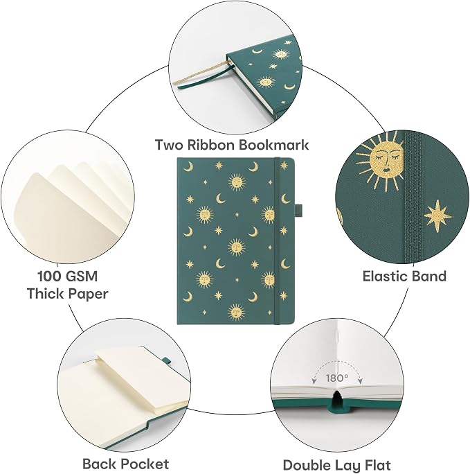 &And Per Se Lined Hardcover Notebook – A5 5.7"x8" College Ruled, 160 Pages, 100gsm Thick Paper – Aesthetic Journal for Women, Gift-Ready Planner, Everyday Writing Notebook (Celestial Green)