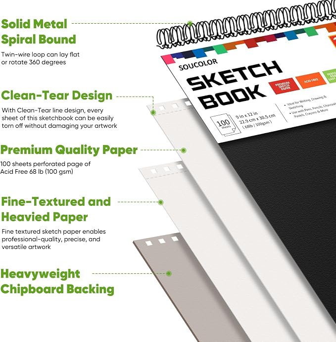 Soucolor Sketch Book 9x12,100 Sheets, Kids Art Sketchbook for Drawing Pad | 68lb Acid-Free,Fine-Texture Matte,No Bleed-Through,Top Spiral Lay-Flat, Micro-Perforated — Dry Media, Sketch Book for Adults