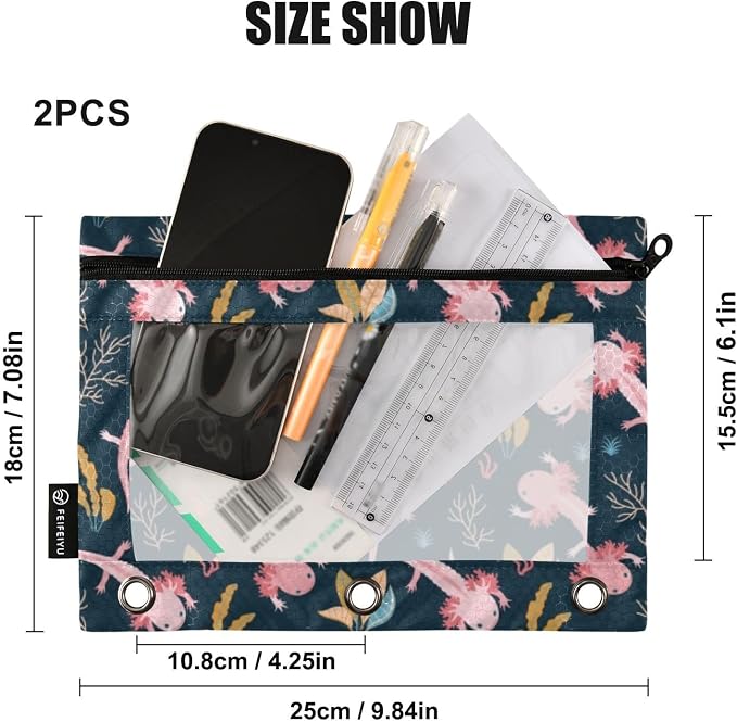 Axolotl Pencil Pouches for 3 Ring Binder 2 Pack | Binder Pencil Case With Zipper Reinforced GrommetsPencil Bags for Office Organizers