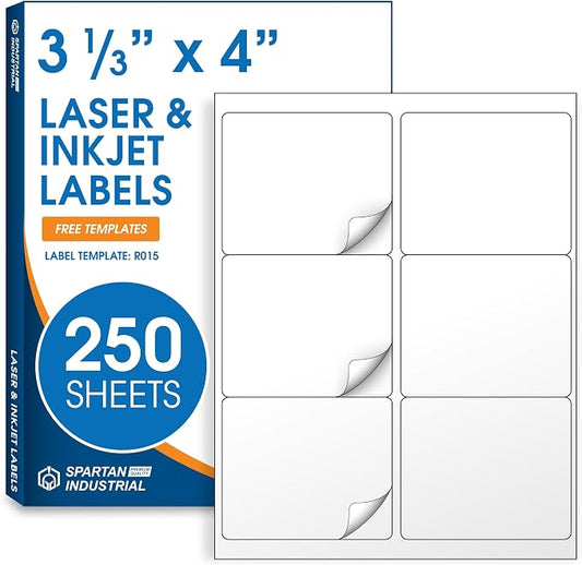 4" X 3.33" Matte White Printable Shipping Labels (250 Sheets, 1500 Stickers) Address and Mailing Labels for Laser & Inkjet Printers - Spartan Industrial Template R015