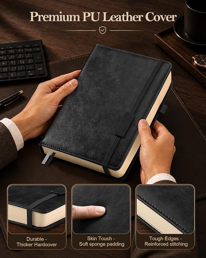 Lined Hardcover Leather Journal Notebook: A4 Journal for Women Men, Black | 312 Numbered Pages & Content, 100GSM Thick Paper, College Ruled Journals Note Book for Business Work Writing Diary
