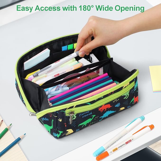 Large Pencil Case for Boys, Durable Kids Pencil Pouch for School, Wide Opening Soft Bag with Handle, Fits 50 Pens & Markers (Black Dinosaur) | Kids Pencil Case & Wide Handle, Water Resistent Organizer Box, Fits 50 Pens & Markers, Daily Use, Black Dinosaur