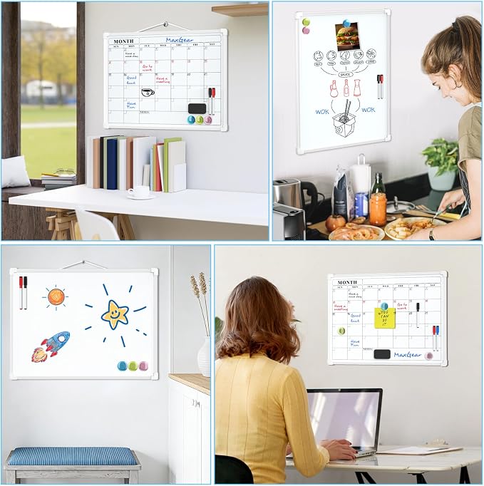 MaxGear Monthly Calendar Dry Erase Board for Wall, 16"x12", White Frame | Double-Sided, Hanging Small White Board, Portable Whiteboard for Planning, Drawing, Memo, to Do List, Home, Kitchen, Office