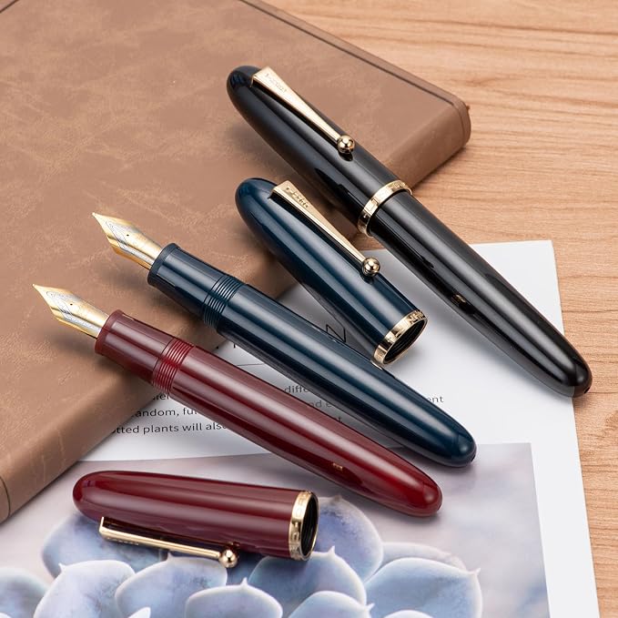 Jinhao 9019 DaDao Series Fountain Pen, Size 8 Medium Nib with Large Ink Converter, Piano Black Acrylic Design Smooth Writing Pen (Gold Trim)