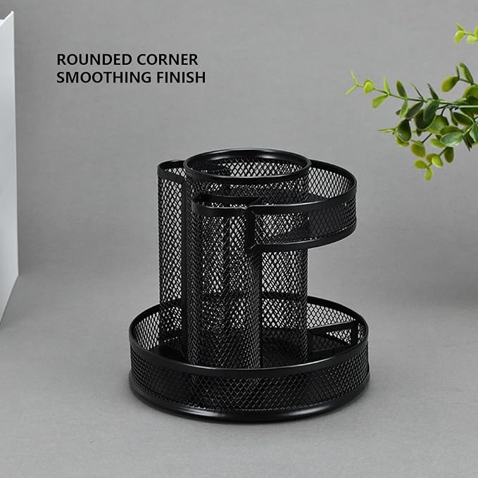 HERCHR 360 Rotating Desk Pen Holder Organizer, Black Mesh Metal Rotating Pencil Holder with 7 Compartments, Office Desk Organizer for Pencils Scissors Art Supplies, 6.1x6.5x3.1in