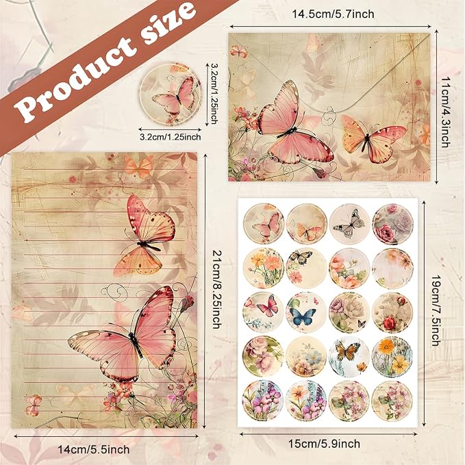 FUNCLASS 160 Pcs Vintage Butterfly Stationery Set Letter and Envelopes | 50 Lined Stationery Paper and 50 Matching Envelopes , 5.5 x 8.25 Inches Letter Writing Stationery for Home, Office, School