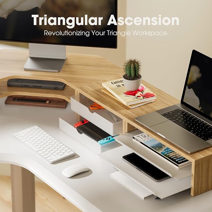 Fenge Dual Monitor Stand, Corner Desk Shelf with Drawer & Slide-Out Tray | Modular Design for Flexible Layouts, 2-Tier Storage Desktop Organizer for Computer, Laptop, Printer and Telephone