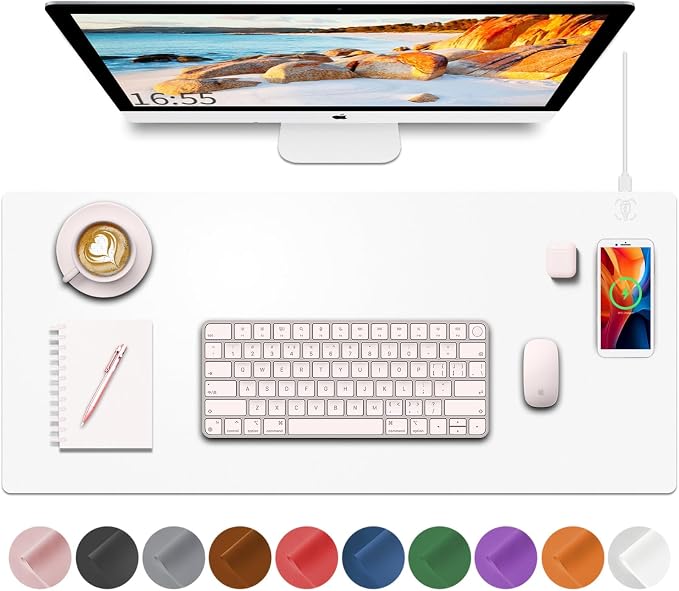 Desk Mat with Wireless Charging, White Mouse Pad with Wireless Charger, Desk Pad Matt for Desktop, Mousepad Gaming Large Mouse Pad, Leather Compute for Keyboard and Mouse, 32" x 16"