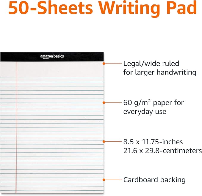 Amazon Basics Wide Ruled Lined Writing Note Pads for Office Supplies, 8.5" x 11.75", White, 12-Pack of 50 Perforated Sheets
